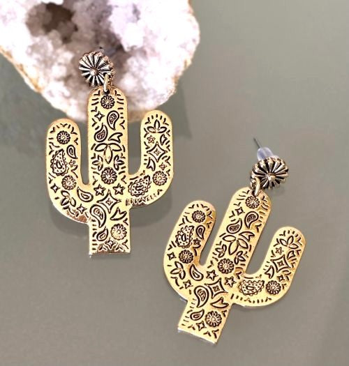 Gold Saguaro Cactus Earrings with Southwestern Designs