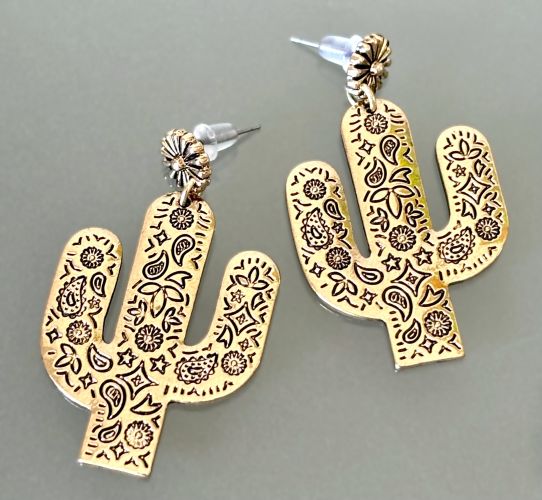 Gold Saguaro Cactus Earrings with Southwestern Designs
