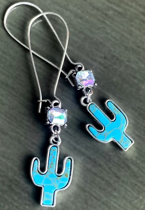 Genuine Turquoise Rhinestone Cactus Earrings