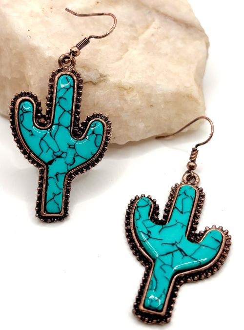 Turquoise Beaded Copper Tone Cactus Earrings