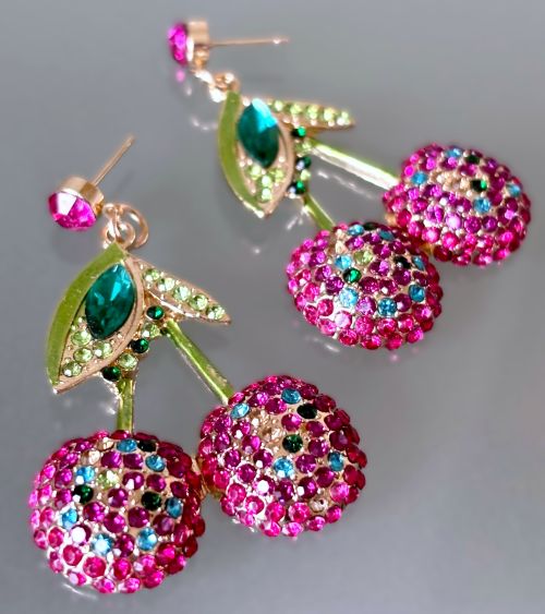 Vibrant Rhinestone Pair of Cherries Earrings