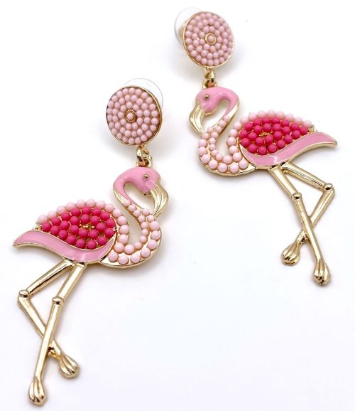 Pink Beaded Flamingo Earrings