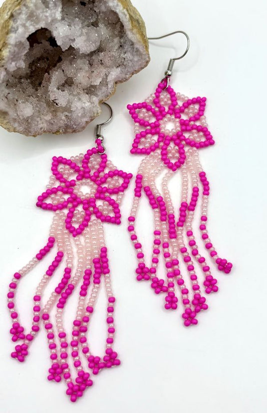 Pink Flower Tassel Hand Beaded Earrings