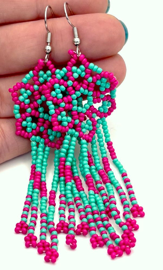 Pink and Teal Flower Tassel Hand Beaded Earrings