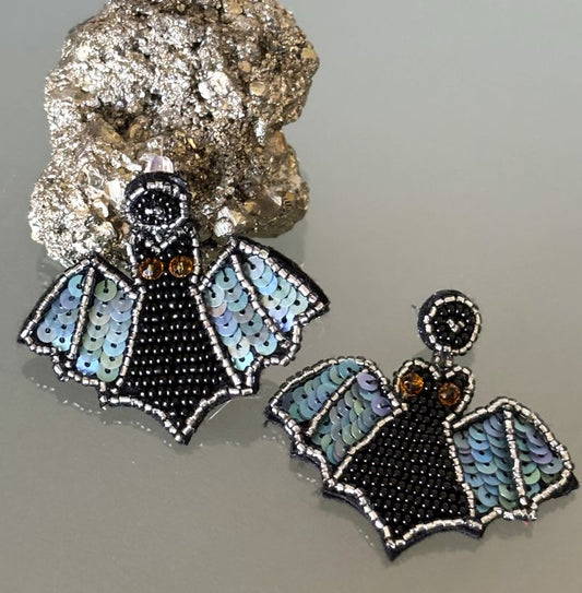 Hand Beaded & Sequined Flying Bat Halloween Earrings