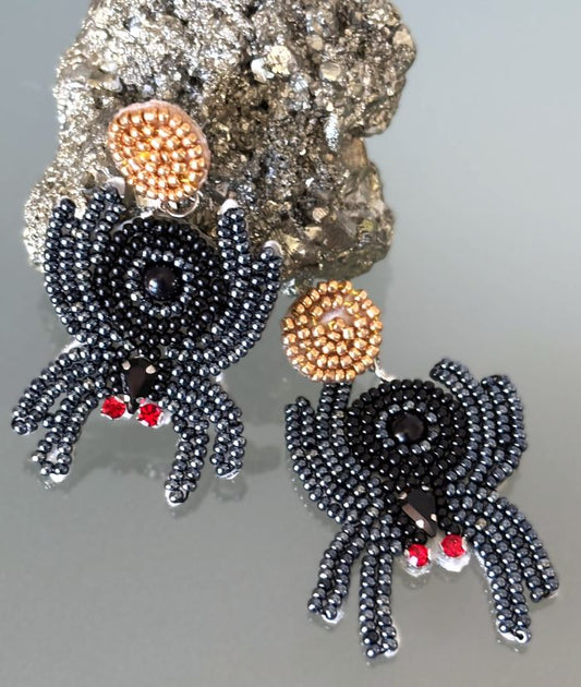 Hand Beaded Black Spider Halloween Earrings