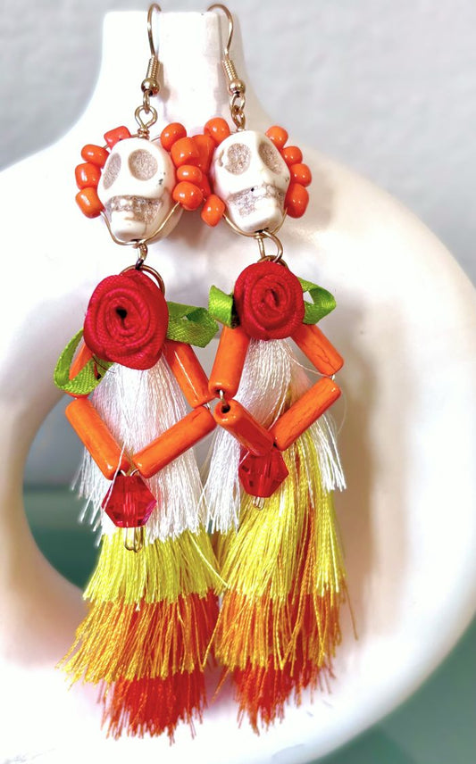 Dia de los Muertos Red Rose Tassel Skeleton Halloween Earrings