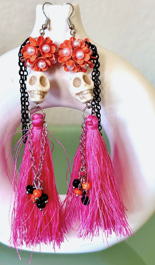 Dia de los Muertos Pink Tassel Skeleton Halloween Earrings