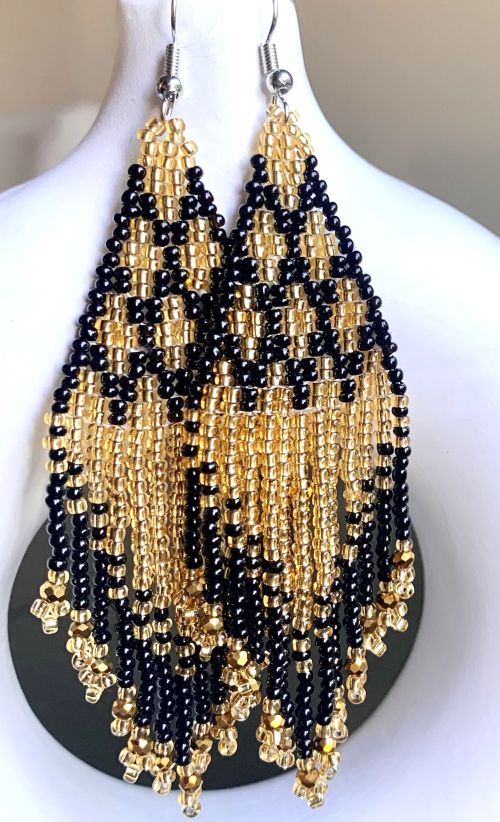 Elegant Gold and Black Hand Beaded Earrings
