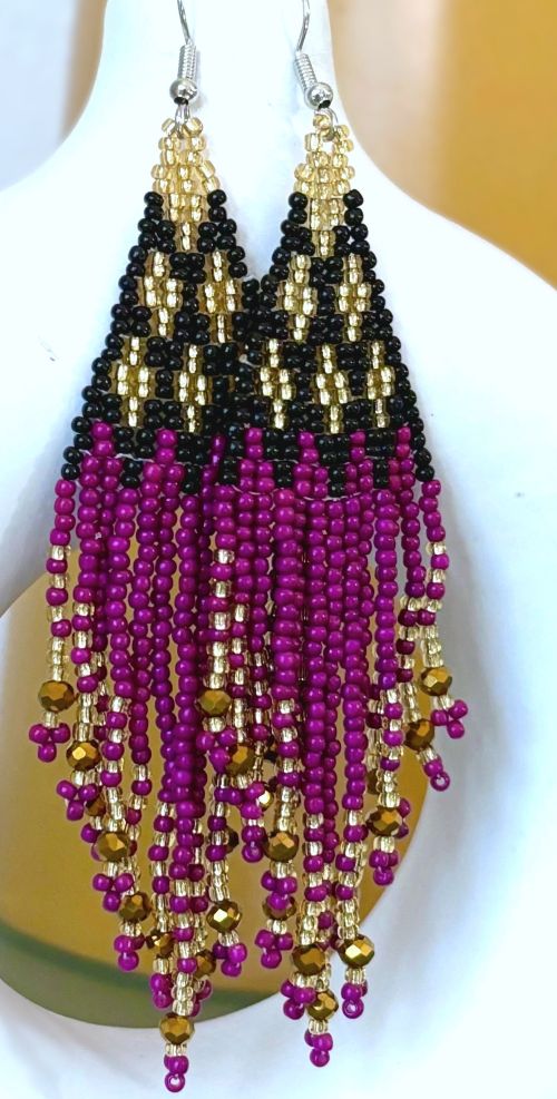 Elegant Purple, Black and Gold Hand Beaded Earrings