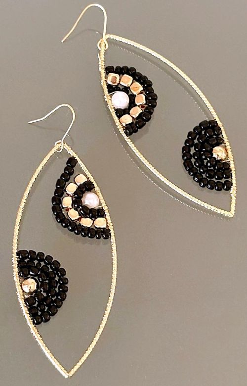 Elegant Black and Gold Beaded Ellipse Earrings