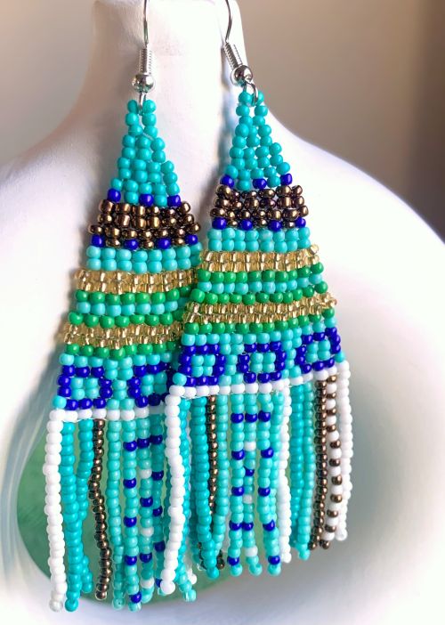 Green/Blue Multicolor Ethnic Flair Hand Beaded Earrings