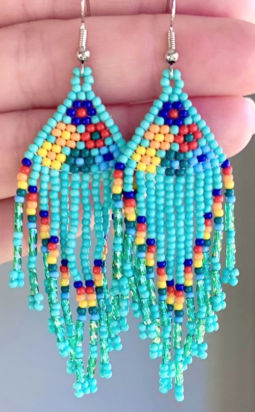 Teal Multicolor Flowers Hand Beaded Earrings
