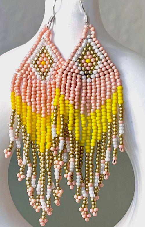 Southwestern Pink/Yellow/Gold Diamond Hand Beaded Earrings