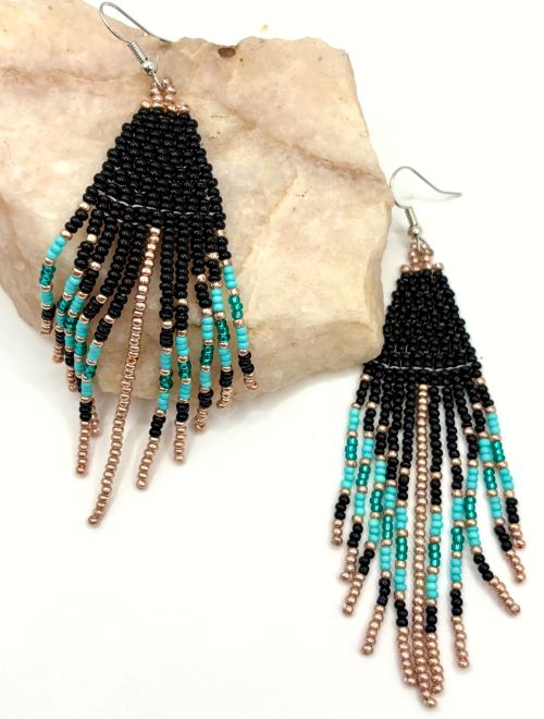 Southwestern Black/Teal/Copper Hand Beaded Earrings