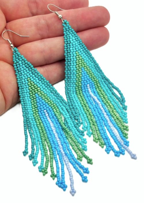 Vibrant Teal/Green Gradient Hand Beaded Earrings