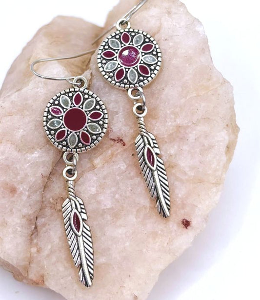 Southwestern Antiqued Silver Feather Dream Catcher Earrings
