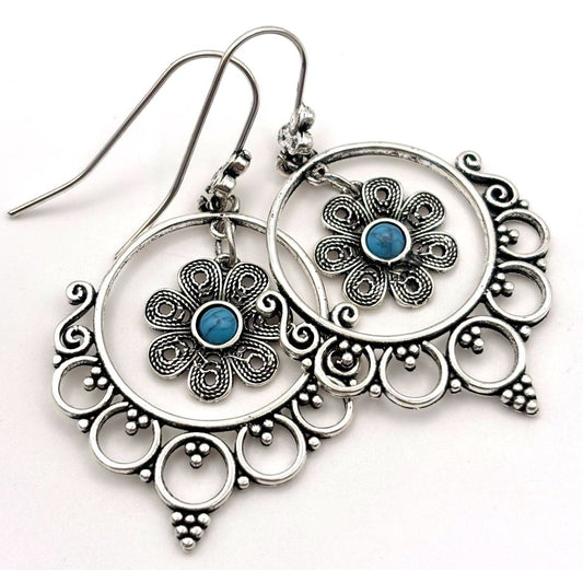 Silver Flower Charm in Hoop Earrings
