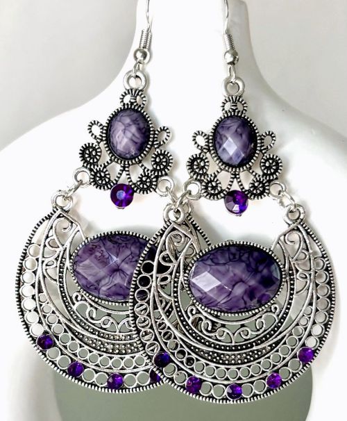 Vintage Filigree Purple Crystals and Beads Earrings