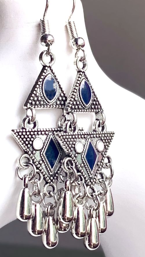 Southwestern Geometric Blue Silver Tasseled Earrings