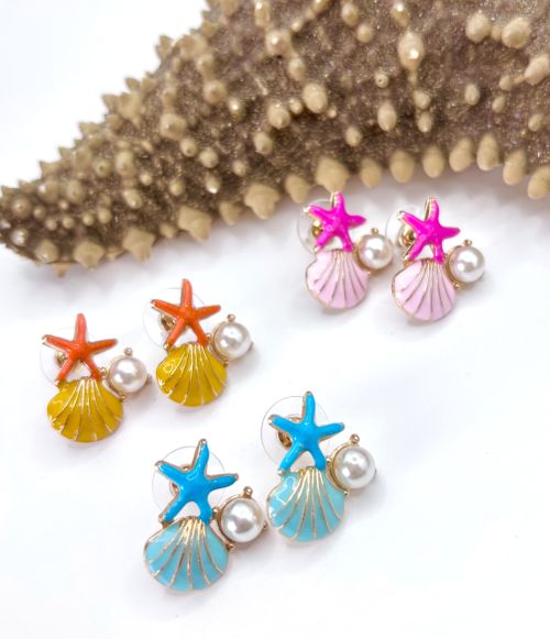 Starfish, Shell and Pearl Stud Earrings