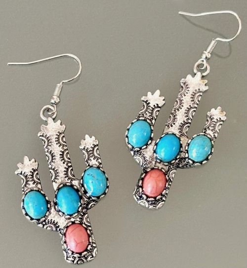 Rustic Orange and Turquoise Beaded Cactus Earrings