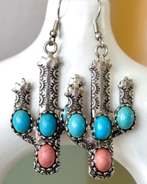 Rustic Orange and Turquoise Beaded Cactus Earrings