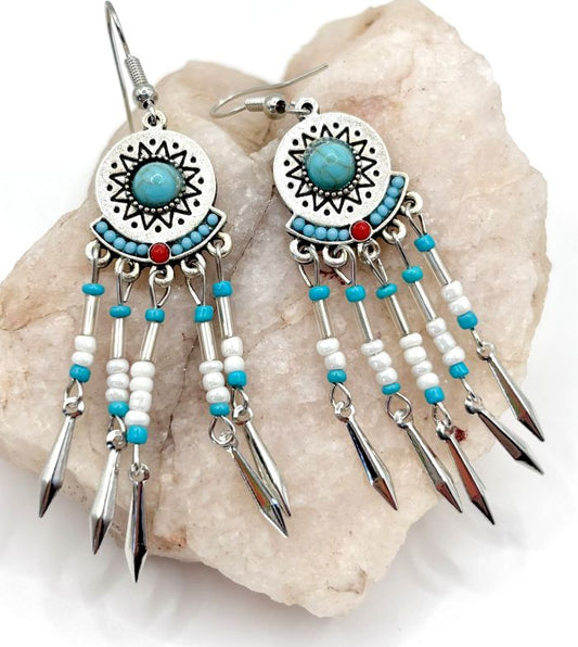 Southwestern Red and Turquoise Beaded Tassel Earrings