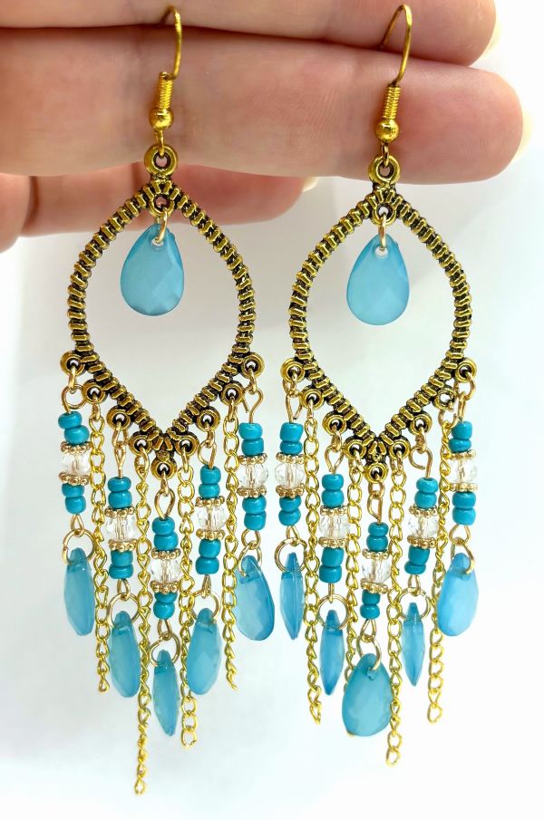 Ocean Blue Beaded Tassel Earrings
