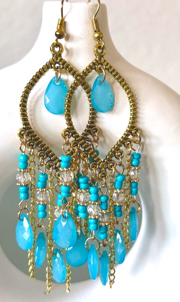 Ocean Blue Beaded Tassel Earrings