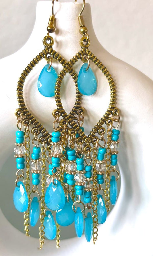 Ocean Blue Beaded Tassel Earrings