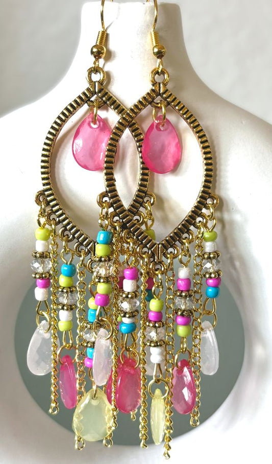 Pink Multicolor Beaded Tassel Earrings