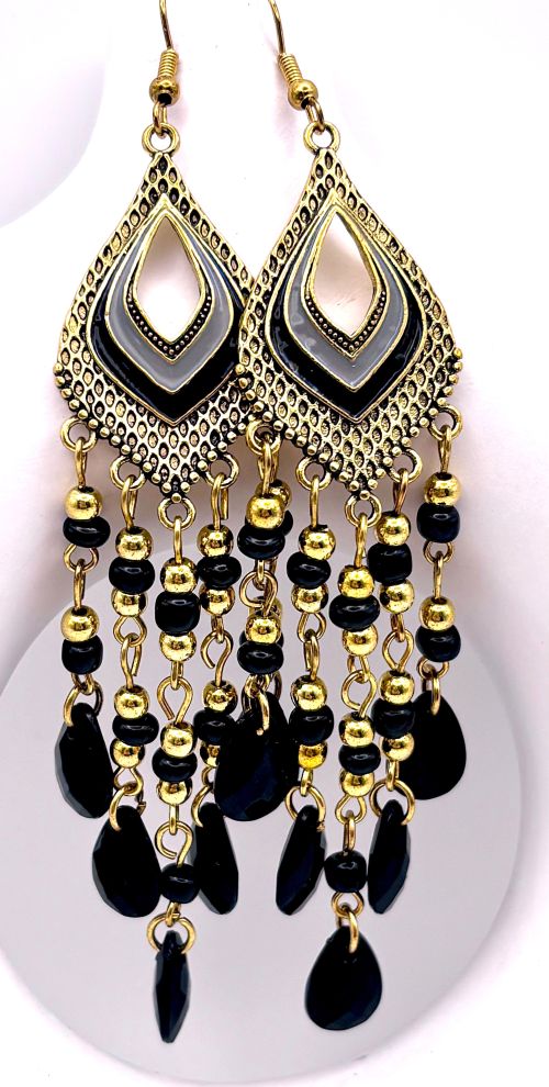 Black and Gold Beaded Chandelier Earrings