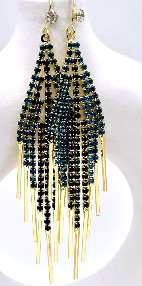 Elegant Black and Blue Rhinestone Tassel Earrings