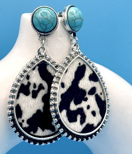Western Cow Print and Turquoise Teardop Earrings