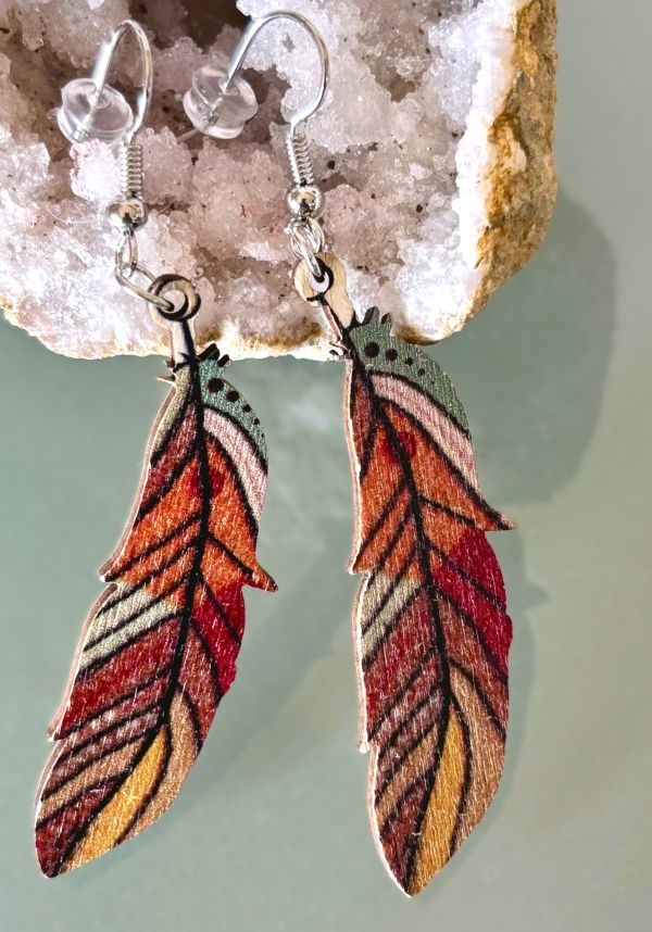 Colorful Boho Wood Feather Earrings