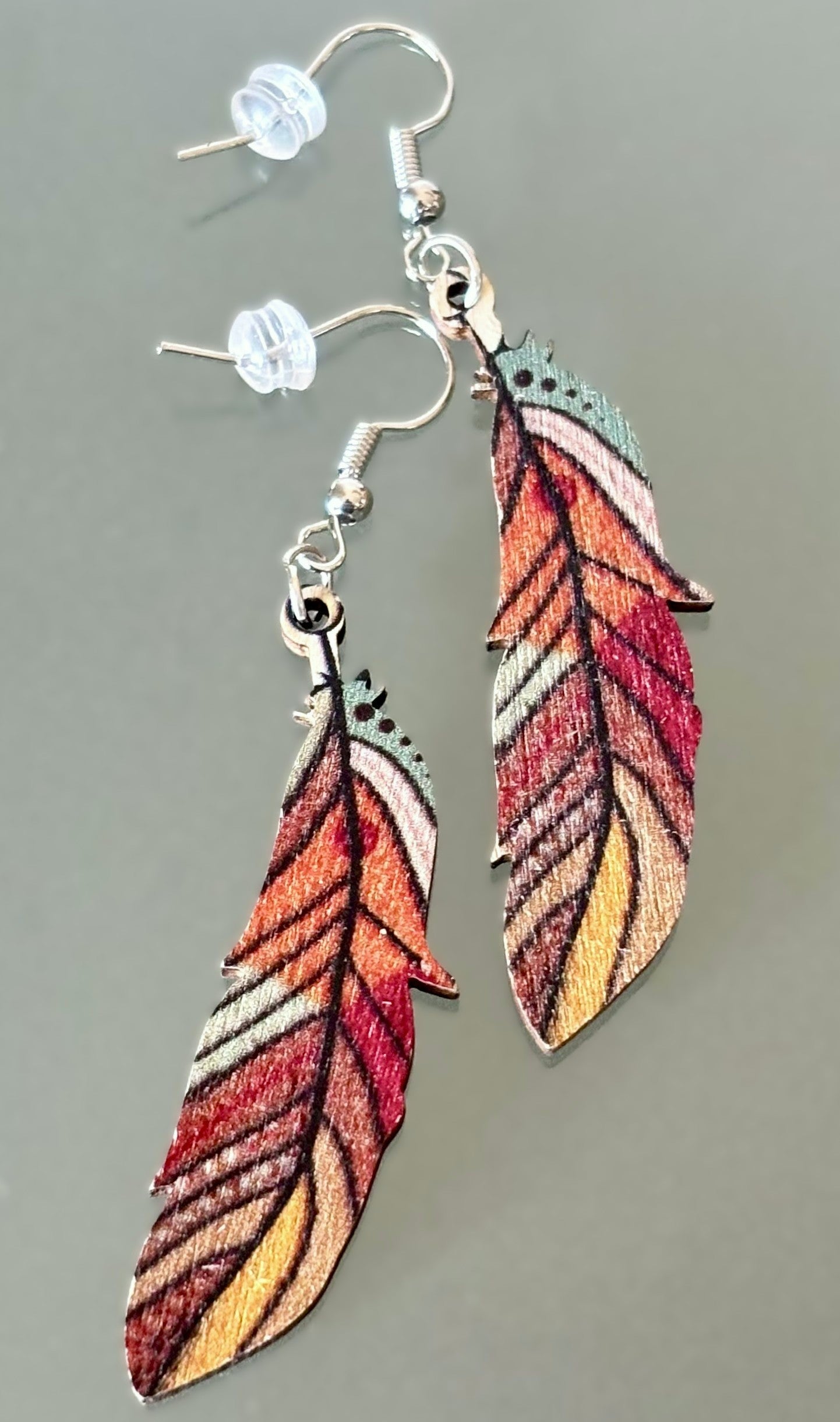 Colorful Boho Wood Feather Earrings