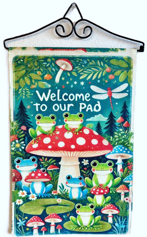 'Welcome to Our Pad' Vibrant Frogs Garden Flag
