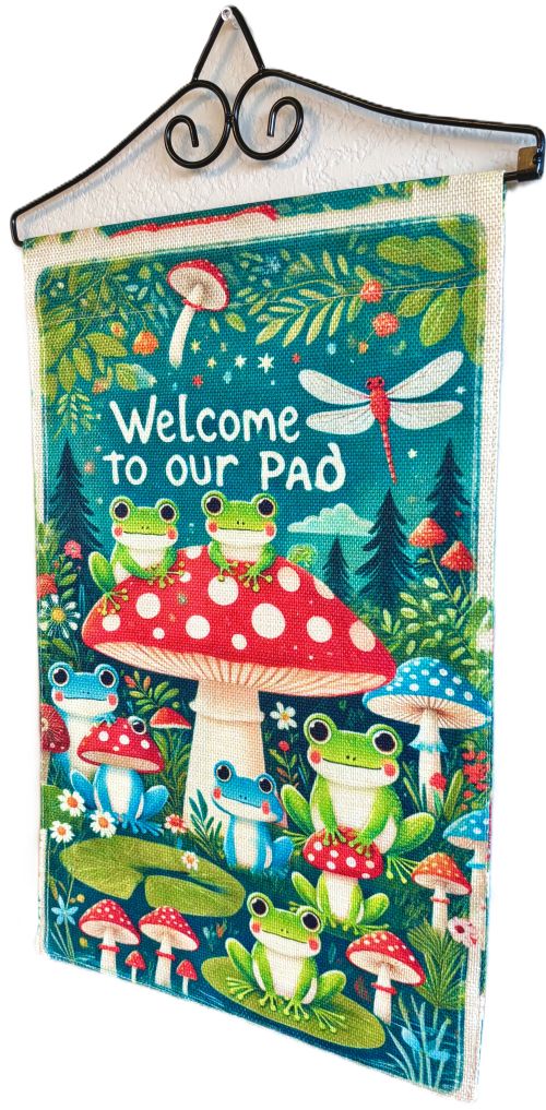 'Welcome to Our Pad' Vibrant Frogs Garden Flag