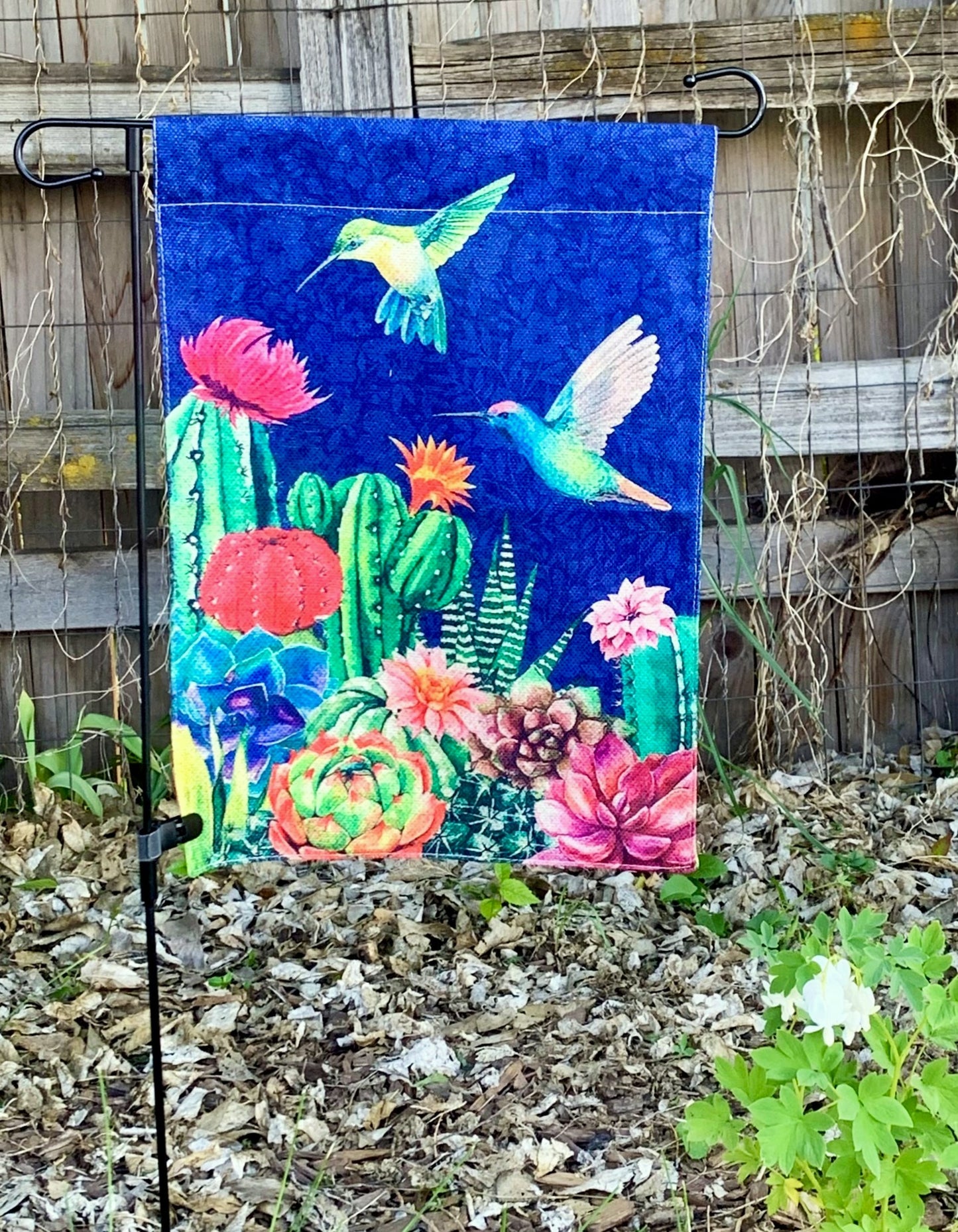 Hummingbird and Flowering Cactus Garden Flag