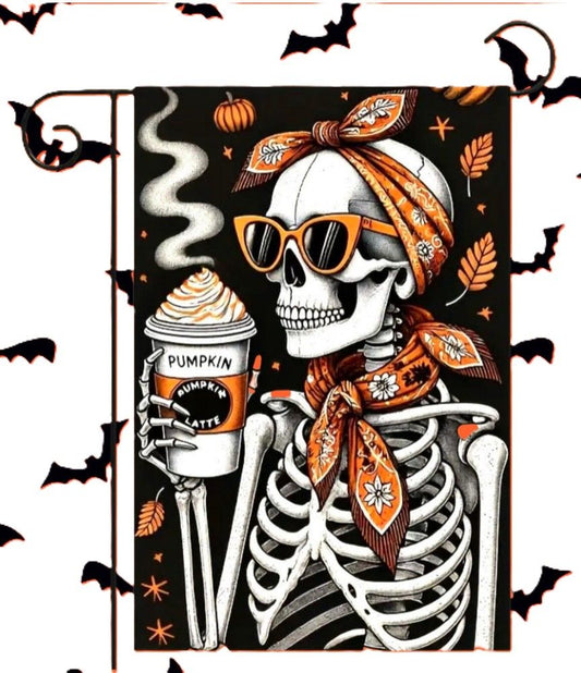 Halloween Chic Pumpkin Spice Latte Skeleton Garden Flag