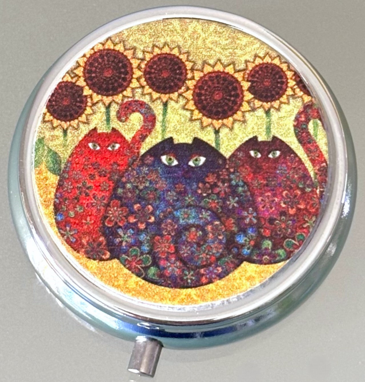 Folk Art Cats and Sunflowers Pill Box
