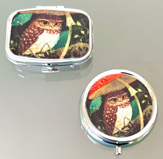 Baby Owl Under Mushroom Pill Box