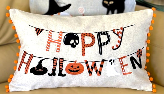 "Happy Halloween" Embroidered Pillow Cover