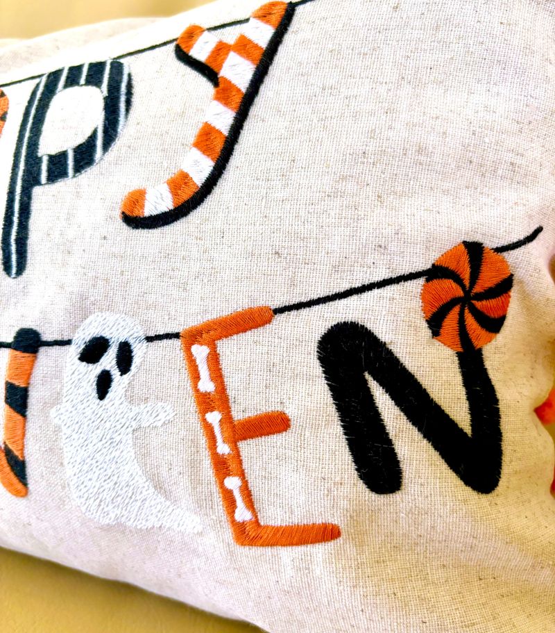 "Happy Halloween" Embroidered Pillow Cover