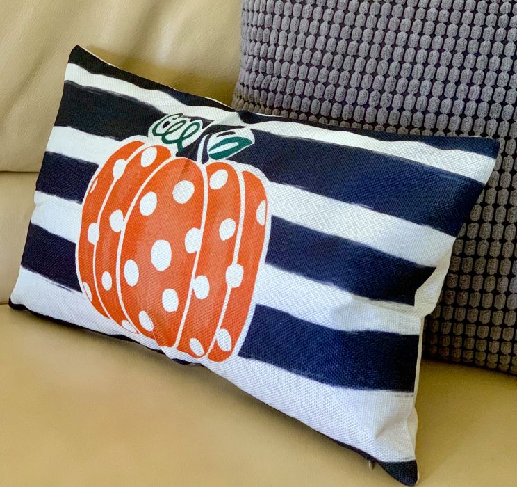Farmhouse Stripes & Polka Dots Fall Pumpkin Pillow Cover