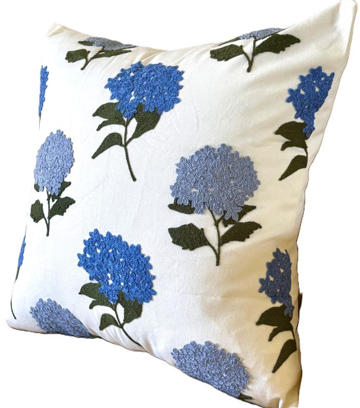 Embroidered Blue Hydrangeas Pillow Cover
