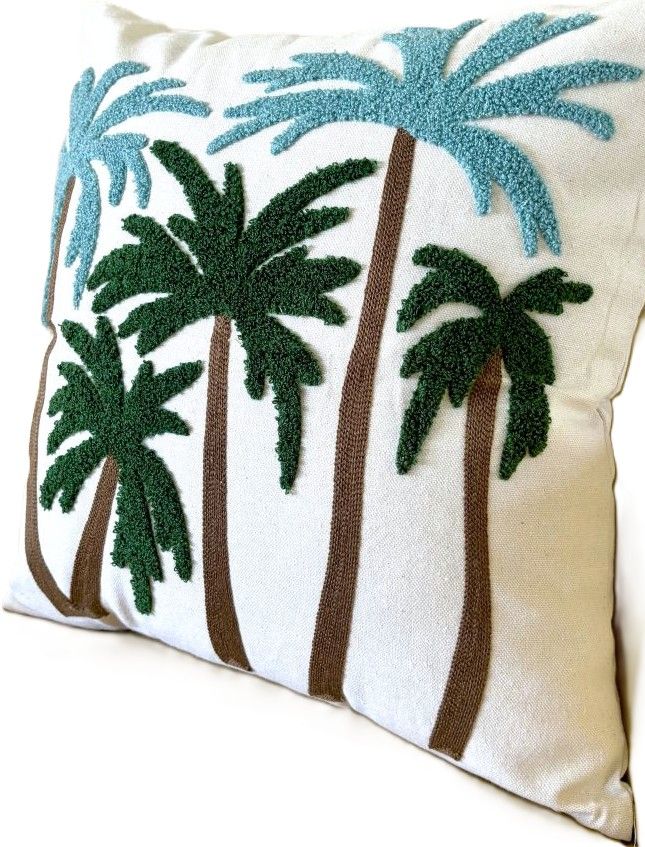 Blue and Green Palm Trees Embroidered Pillow Cover