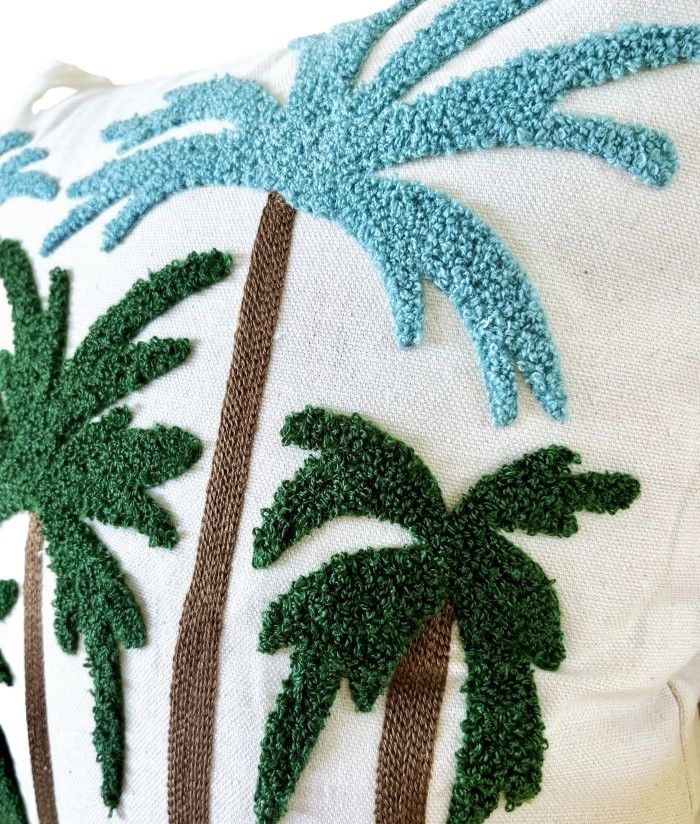 Blue and Green Palm Trees Embroidered Pillow Cover