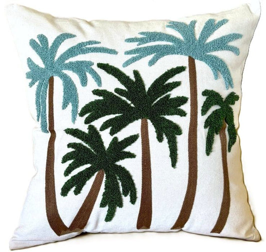 Blue and Green Palm Trees Embroidered Pillow Cover
